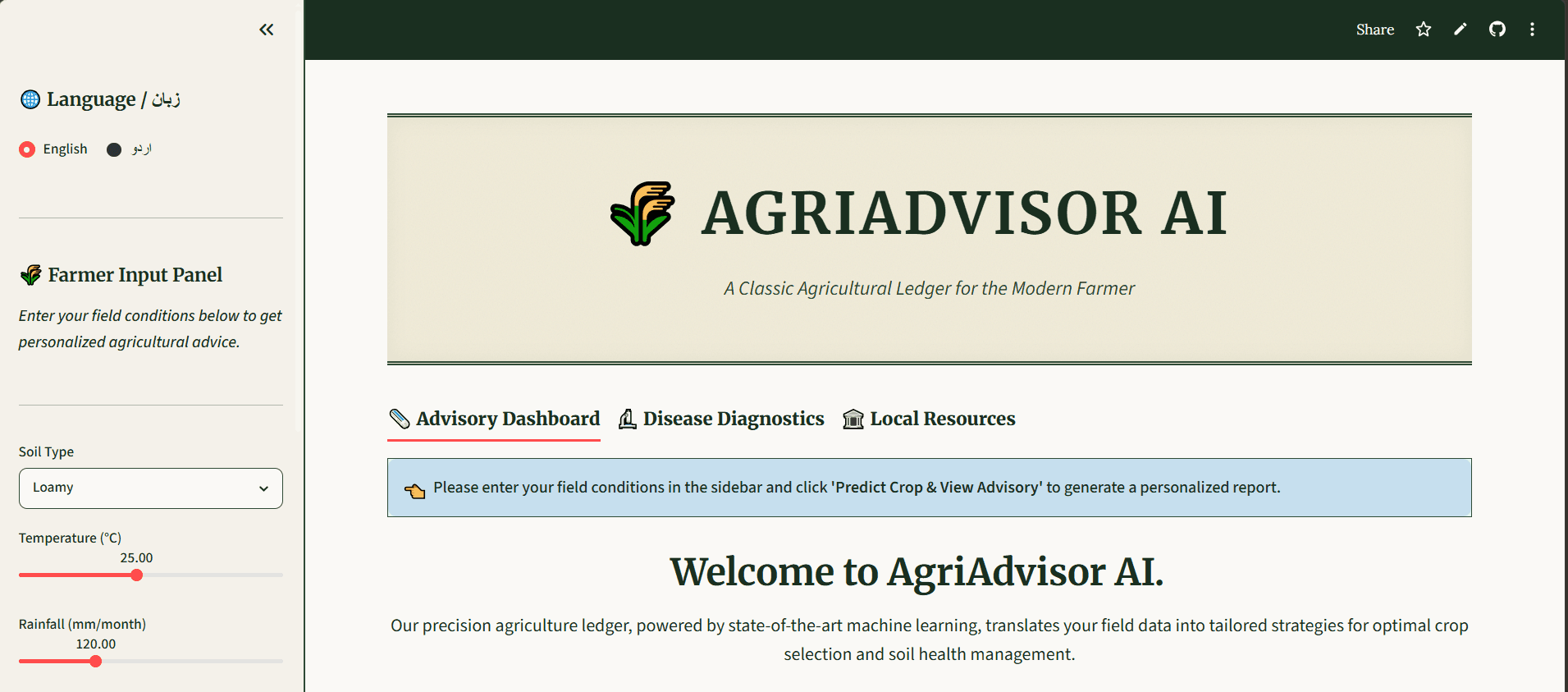 AgriAdvisor AI agricultural advisory dashboard
